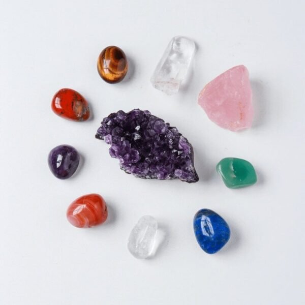 Crystal Box - Set of 7 Chakra Stones. Rose Quartz & Amethyst Cluster