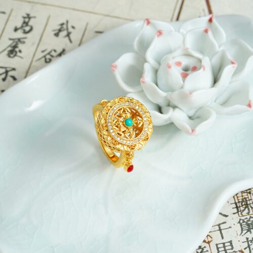 Tibetan Ethnic Gold-Plated Vintage Turquoise Cross Vajra Ring | Hollow Carved Copper Alloy Spiritual Jewelry 6.1g