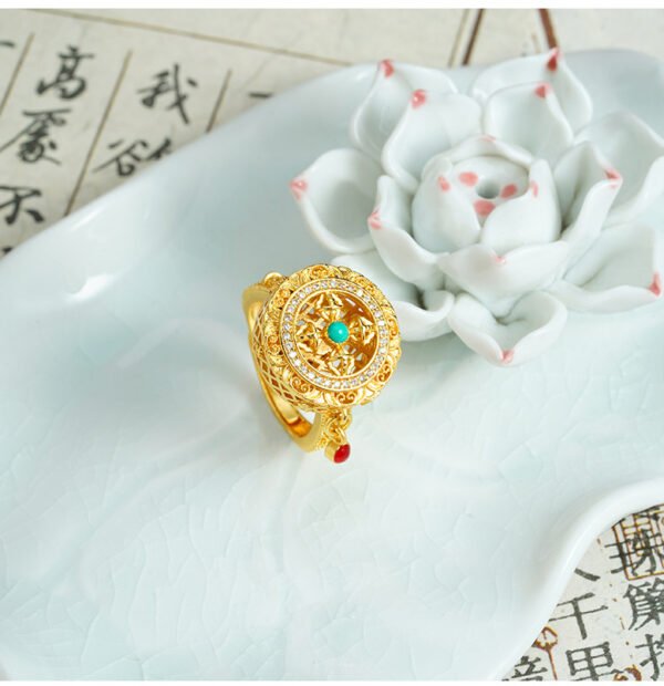 Tibetan Ethnic Gold-Plated Vintage Turquoise Cross Vajra Ring | Hollow Carved Copper Alloy Spiritual Jewelry 6.1g