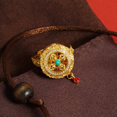 Tibetan Ethnic Gold-Plated Vintage Turquoise Cross Vajra Ring | Hollow Carved Copper Alloy Spiritual Jewelry 6.1g