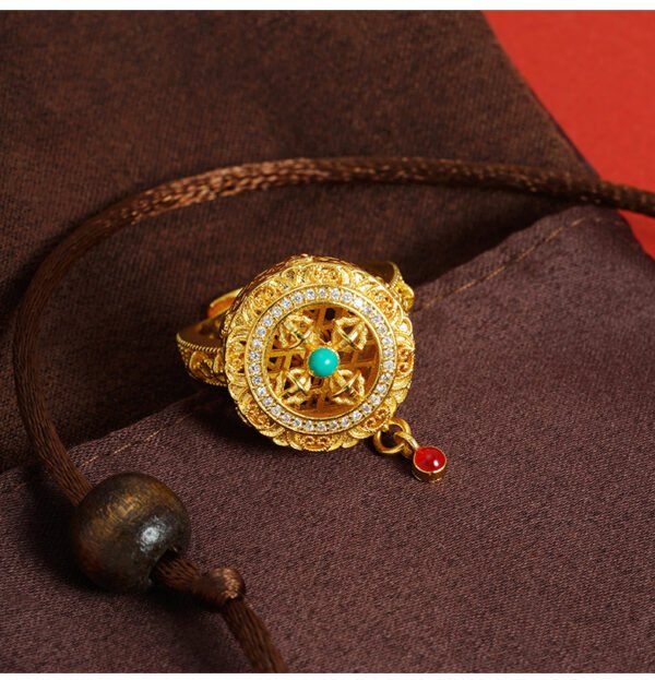 Tibetan Ethnic Gold-Plated Vintage Turquoise Cross Vajra Ring | Hollow Carved Copper Alloy Spiritual Jewelry 6.1g