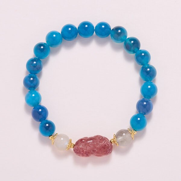 Blue Sugar-Heart Agate Bracelet with Moonstone & Strawberry Quartz Pixiu