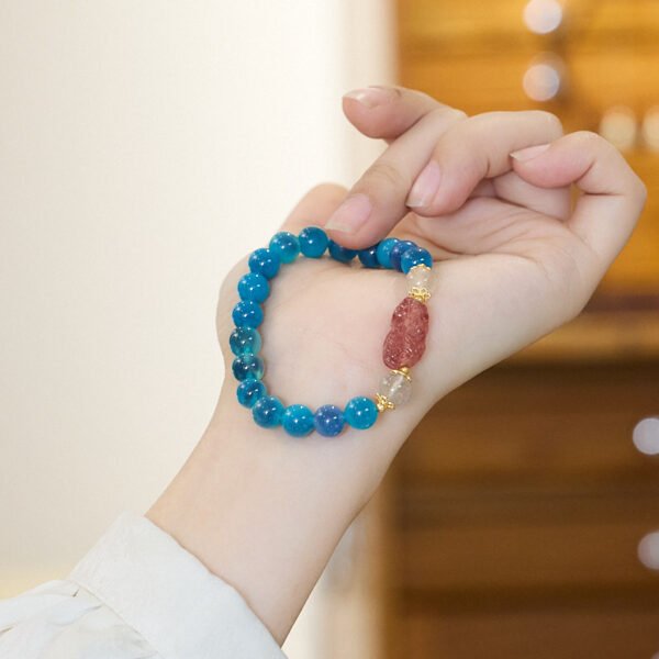 Blue Sugar-Heart Agate Bracelet with Moonstone & Strawberry Quartz Pixiu