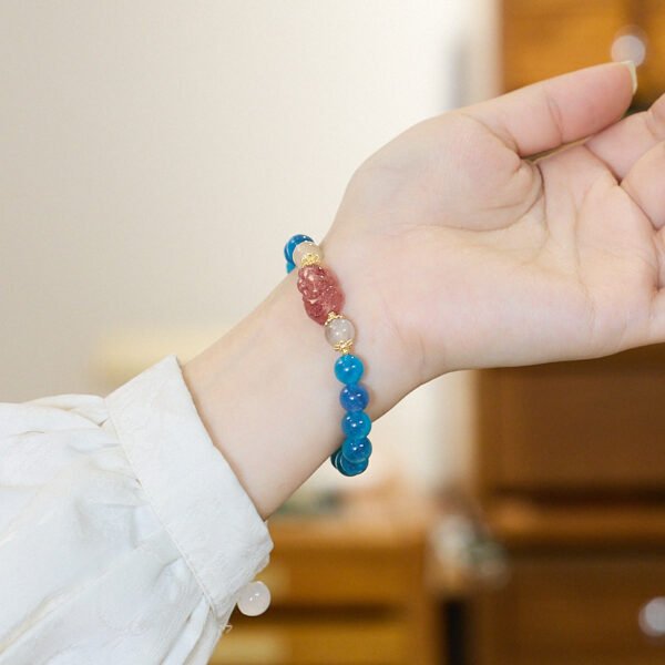 Blue Sugar-Heart Agate Bracelet with Moonstone & Strawberry Quartz Pixiu