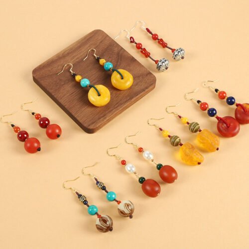 Ethnic style beeswax earrings retro long literary temperament women's ancient style cheongsam simple Tibetan earrings
