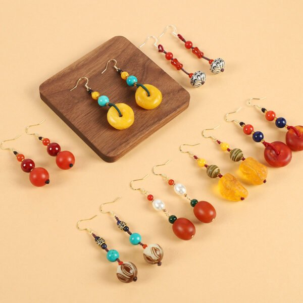 Ethnic style beeswax earrings retro long literary temperament women's ancient style cheongsam simple Tibetan earrings