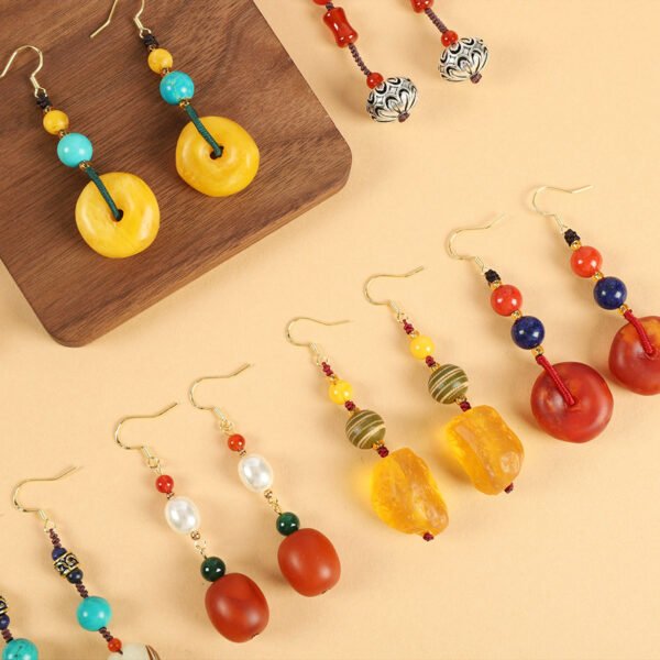 Ethnic style beeswax earrings retro long literary temperament women's ancient style cheongsam simple Tibetan earrings