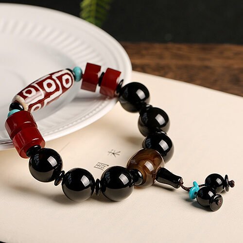 Natural Nine-Eye Dzi Old Agate Bracelet | Tibetan Vintage Black Agate Bead Bracelet for Men & Women
