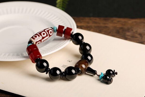 Natural Nine-Eye Dzi Old Agate Bracelet | Tibetan Vintage Black Agate Bead Bracelet for Men & Women