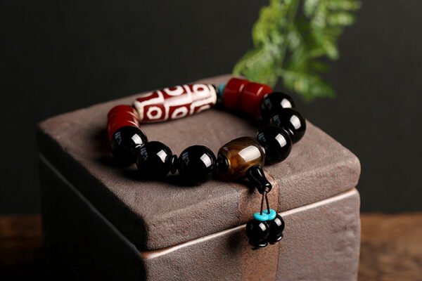 Natural Nine-Eye Dzi Old Agate Bracelet | Tibetan Vintage Black Agate Bead Bracelet for Men & Women