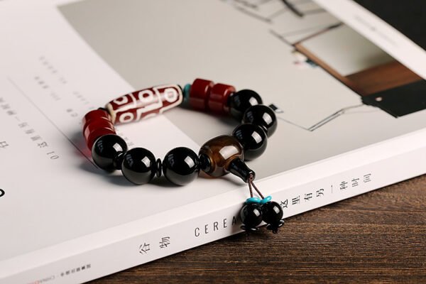 Natural Nine-Eye Dzi Old Agate Bracelet | Tibetan Vintage Black Agate Bead Bracelet for Men & Women
