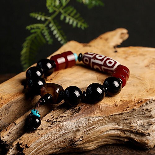 Natural Nine-Eye Dzi Old Agate Bracelet | Tibetan Vintage Black Agate Bead Bracelet for Men & Women