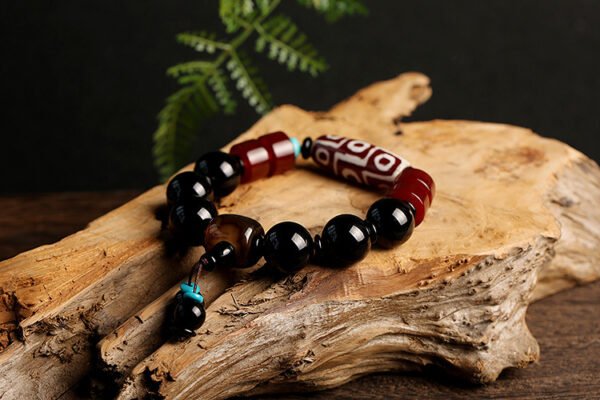 Natural Nine-Eye Dzi Old Agate Bracelet | Tibetan Vintage Black Agate Bead Bracelet for Men & Women
