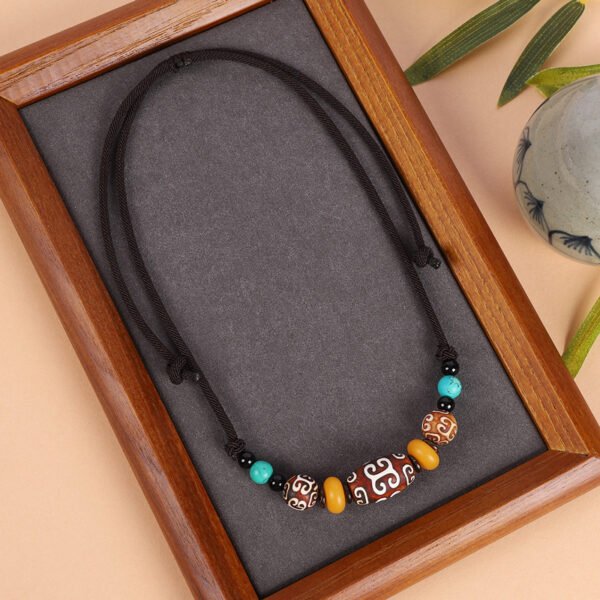 Tibetan Dzi Bead Agate Necklace Tibetan National Style Men and Women's Clavicle Chain Beeswax Pendant Retro Art Accessories