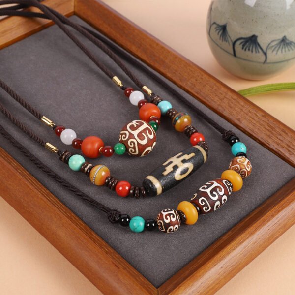 Tibetan Dzi Bead Agate Necklace Tibetan National Style Men and Women's Clavicle Chain Beeswax Pendant Retro Art Accessories