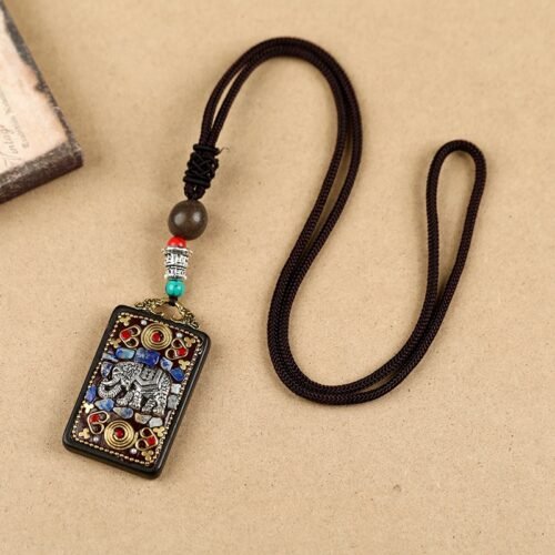 Tibetan Ethnic Thangka Pendant Necklace | Black Ebony Buddha Amulet with Geometric Inlay