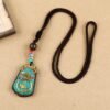 Tibetan Ethnic Thangka Pendant Necklace | Black Ebony Buddha Amulet with Geometric Inlay