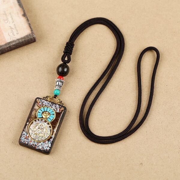Tibetan Ethnic Thangka Pendant Necklace | Black Ebony Buddha Amulet with Geometric Inlay