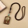 Tibetan Ethnic Thangka Pendant Necklace | Black Ebony Buddha Amulet with Geometric Inlay