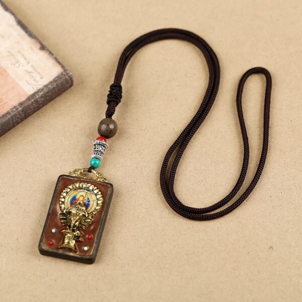 Tibetan Ethnic Thangka Pendant Necklace | Black Ebony Buddha Amulet with Geometric Inlay