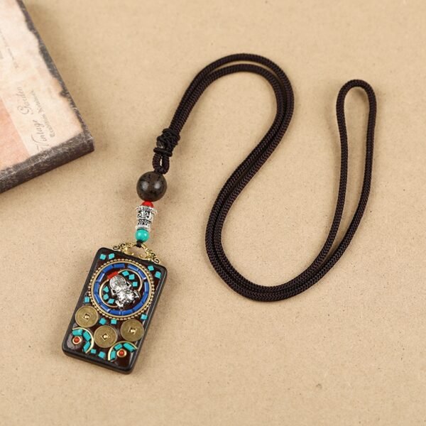 Tibetan Ethnic Thangka Pendant Necklace | Black Ebony Buddha Amulet with Geometric Inlay