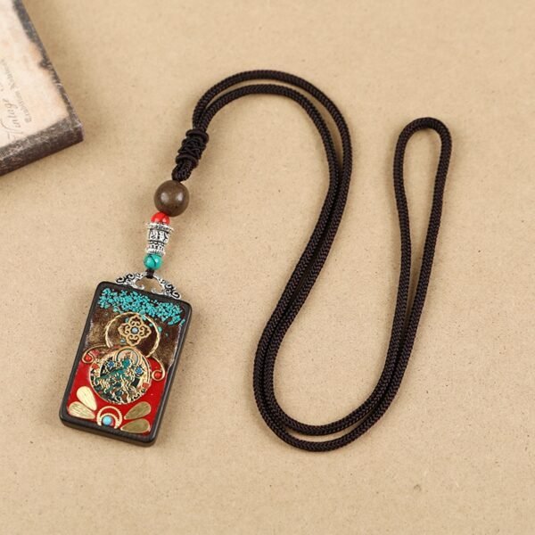 Tibetan Ethnic Thangka Pendant Necklace | Black Ebony Buddha Amulet with Geometric Inlay