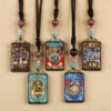 Tibetan Ethnic Thangka Pendant Necklace | Black Ebony Buddha Amulet with Geometric Inlay