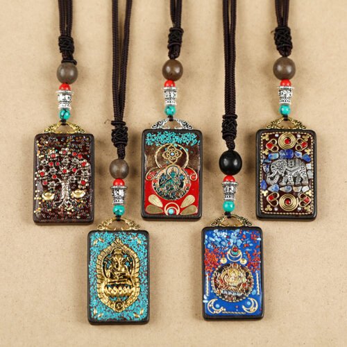 Tibetan Ethnic Thangka Pendant Necklace | Black Ebony Buddha Amulet with Geometric Inlay