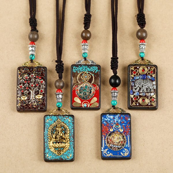 Tibetan Ethnic Thangka Pendant Necklace | Black Ebony Buddha Amulet with Geometric Inlay