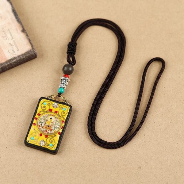 Tibetan Ethnic Thangka Pendant Necklace | Black Ebony Buddha Amulet with Geometric Inlay