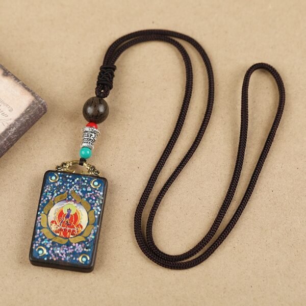 Tibetan Ethnic Thangka Pendant Necklace | Black Ebony Buddha Amulet with Geometric Inlay
