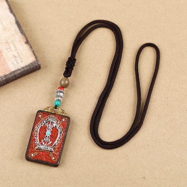 Tibetan Ethnic Thangka Pendant Necklace | Black Ebony Buddha Amulet with Geometric Inlay