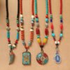 Tibetan Vintage Long Necklace with Nepal Pendant | Handmade Ethnic Beaded Chain with Turquoise-Style Stone