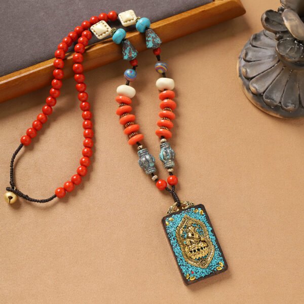 Tibetan Vintage Long Necklace with Nepal Pendant | Handmade Ethnic Beaded Chain with Turquoise-Style Stone
