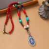 Tibetan Vintage Long Necklace with Nepal Pendant | Handmade Ethnic Beaded Chain with Turquoise-Style Stone
