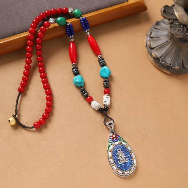 Tibetan Vintage Long Necklace with Nepal Pendant | Handmade Ethnic Beaded Chain with Turquoise-Style Stone