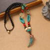 Tibetan Vintage Long Necklace with Nepal Pendant | Handmade Ethnic Beaded Chain with Turquoise-Style Stone
