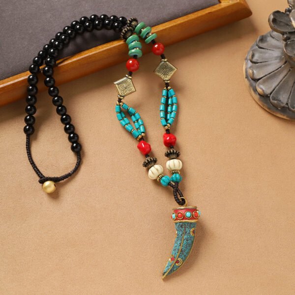 Tibetan Vintage Long Necklace with Nepal Pendant | Handmade Ethnic Beaded Chain with Turquoise-Style Stone