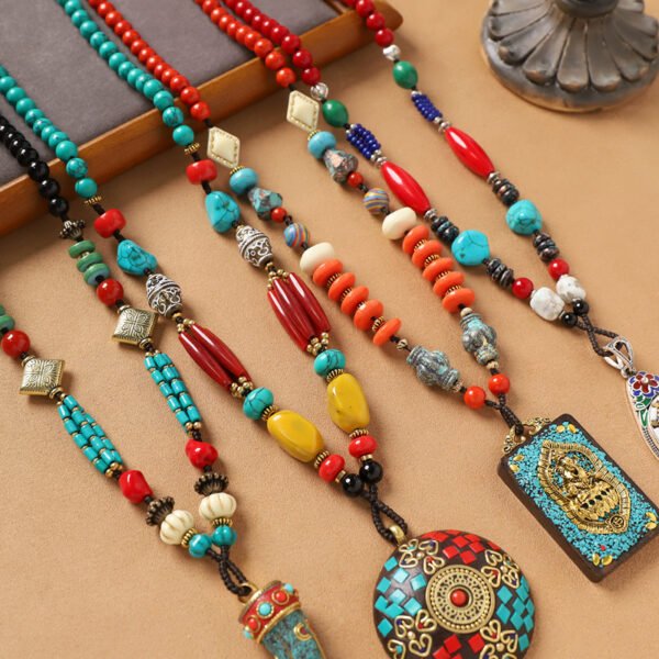 Tibetan Vintage Long Necklace with Nepal Pendant | Handmade Ethnic Beaded Chain with Turquoise-Style Stone