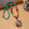 Tibetan Vintage Long Necklace with Nepal Pendant | Handmade Ethnic Beaded Chain with Turquoise-Style Stone
