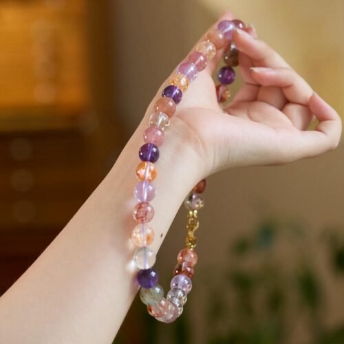 buddhaobject-Elegant handmade necklace crafted with natural crystals-1 Natural Dopamine Multi-Gemstone Crystal Necklace | Elegant Round Beaded Super Seven Amethyst Necklace for Women (51–60cm)