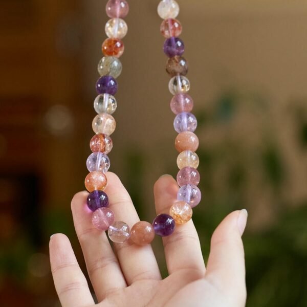 buddhaobject-Elegant handmade necklace crafted with natural crystals-2 Natural Dopamine Multi-Gemstone Crystal Necklace | Elegant Round Beaded Super Seven Amethyst Necklace for Women (51–60cm)