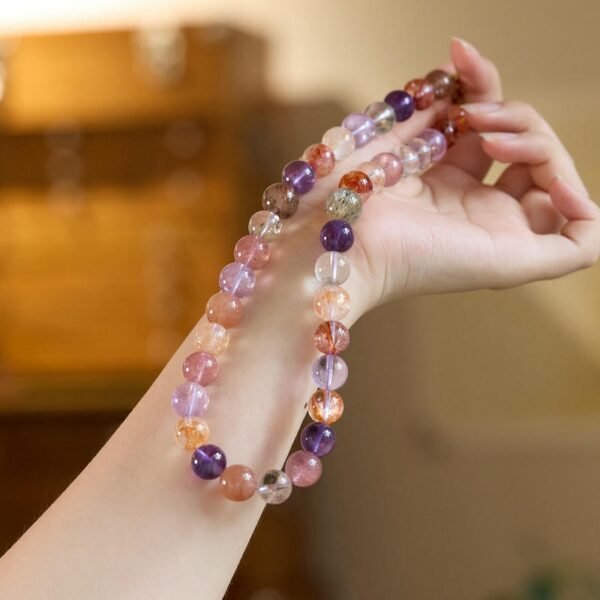 buddhaobject-Elegant handmade necklace crafted with natural crystals-3 Natural Dopamine Multi-Gemstone Crystal Necklace | Elegant Round Beaded Super Seven Amethyst Necklace for Women (51–60cm)