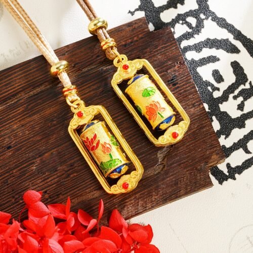 buddhaobject-Gold-plated lotus leaf and lotus flower prayer wheel necklace- Gold-Plated Lotus Leaf & Dharma Wheel Pendant Necklace | Spiritual Symbol of Peace and Enlightenment (61–70cm)