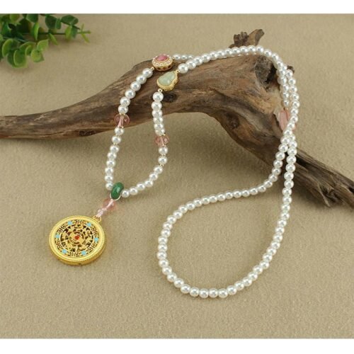 Golden Cloisonné Pendant Necklace | Five Blessings Long Beaded Chain with Imitation Pearls (71–80cm)