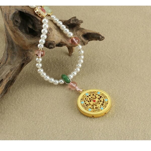 Golden Cloisonné Pendant Necklace | Five Blessings Long Beaded Chain with Imitation Pearls (71–80cm)