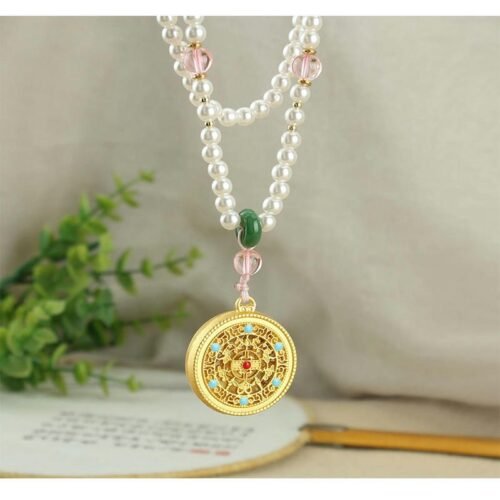 buddhaobject-Golden Cloisonné Pearl Necklace – Five Blessings Design-3 Golden Cloisonné Pendant Necklace | Five Blessings Long Beaded Chain with Imitation Pearls (71–80cm)