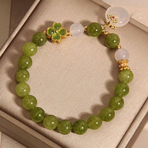 Green Tourmaline Crystal Bracelet | Elegant Four-Leaf Clover Agate Pendant Bracelet for Women | Lucky Charm Handcrafted Jewelry