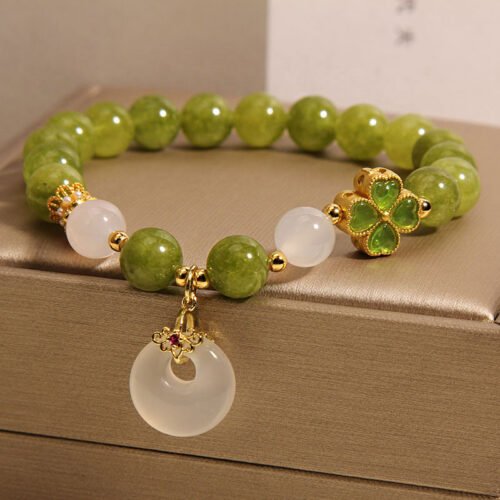 buddhaobject-Green Tourmaline Crystal Bracelet-2 Green Tourmaline Crystal Bracelet | Elegant Four-Leaf Clover Agate Pendant Bracelet for Women | Lucky Charm Handcrafted Jewelry