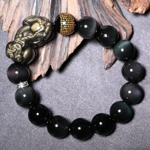 Black Obsidian Pixiu Bracelet for Men | Color-Eye Obsidian Beaded Bracelet for Wealth & Protection (14mm)